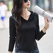 【MsMore】 小個子顯高顯瘦長袖連帽T恤時尚短款上衣# 123707 M 黑色