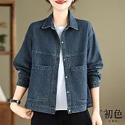 【初色】翻領單排扣大口袋寬鬆顯瘦長袖牛仔外套-藍色-37681(M-2XL可選) M 藍色