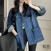 【初色】復古寬鬆翻領單排扣大口袋顯瘦休閒長袖牛仔外套-藍色-37683(M-XL可選) M 藍色