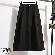 【初色】棉麻風純色顯瘦鬆緊腰口袋A字裙中長裙半身裙-共2色-37649(M-2XL可選) 2XL 黑色