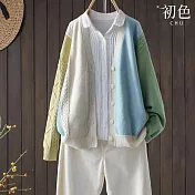 【初色】學院風拼色針織紋理單排釦寬鬆顯瘦V領長袖開衫毛衣外套女外套-共2色-38554(F可選) F 藍色