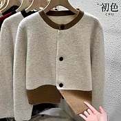 【初色】簡約撞色拼接圓領長袖針織開衫寬鬆針織外套女外套-共3色-38558(F可選) F 卡其色