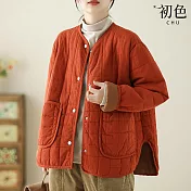 【初色】簡約純色圓領長袖鋪棉加厚夾棉夾克寬鬆外套女外套-共4色-38595(M-2XL可選) M 橘紅色