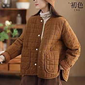 【初色】簡約純色圓領長袖鋪棉加厚夾棉夾克寬鬆外套女外套-共4色-38595(M-2XL可選) M 咖啡色