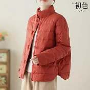 【初色】文藝風格紋縫線輕薄鋪棉立領單排釦長袖外套女外套-共4色-38596(M-2XL可選) M 紅色