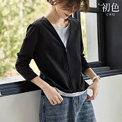 【初色】拉鍊式假兩件休閒撞色百搭圓領長袖T恤上衣女上衣-共2色-37804(M-2XL可選) 2XL 黑色