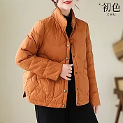 【初色】休閒風純色短款保暖防風立領寬鬆單排釦長袖外套女外套-共4色-38599(M-2XL可選) M 橘色
