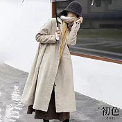 【初色】通勤風純色燈芯絨腰身鬆緊西裝領長袖寬鬆中長版大衣外套女外套-共3色-38618(M-2XL可選) L 杏色