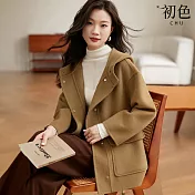 【初色】純色雙口袋保暖連帽毛呢大衣外套女外套-駝色-38621(M-2XL可選) M 駝色