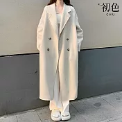 【初色】韓版赫本風純色中長款直筒寬鬆顯瘦翻領長袖保暖毛呢大衣外套女外套-共5色-38629(M-XL可選) M 杏色