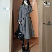 【初色】韓系純色毛呢休閒修身顯瘦V領長袖中長款大衣外套女外套-共2色-38630(M-XL可選) M 灰色