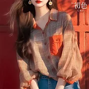 【初色】寬鬆拼接格紋翻領七分燈籠袖長袖花襯衫女上衣-橙色-37842(M-2XL可選) M 橙色