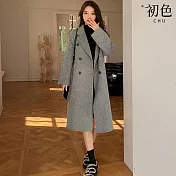 【初色】純色西裝領長袖毛呢大衣外套女外套-共2色-38636(M-XL可選) M 灰色