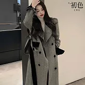 【初色】簡約撞色拼接西裝領翻領長袖寬鬆長款大衣毛呢外套女外套-灰色-38696(M-XL可選) M 灰色