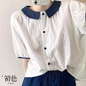 【初色】簡約撞色拼接娃娃領鏤空蕾絲短袖寬鬆襯衫T恤上衣女上衣-共2色-37414(M-2XL可選) M 白色