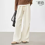 【初色】純色抽繩鬆緊腰燈芯絨寬鬆抽皺山本褲休閒褲寬褲長褲-共4色-38810(M-XL可選) M 米色