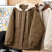 【初色】撞色拼接按扣拉鍊口袋連帽抽繩長袖連帽假兩件棉服外套女外套-共3色-38798(L-2XL可選) L 咖色