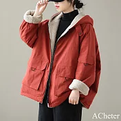 【ACheter】 文藝復古大碼寬鬆長袖連帽保暖外套兩面穿羊羔絨中長# 123587 L 橘色