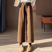 【MsMore】 毛呢格子闊腿顯瘦百搭小個子寬鬆顯瘦直筒靴褲# 123789 M 咖色