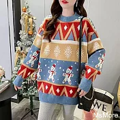 【MsMore】 俏麗聖誕系紅色毛衣長袖圓領慵懶風軟糯系針織中長上衣# 123758 FREE 藍色