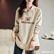 【MsMore】 刺繡連帽寬鬆時尚洋氣減齡顯瘦長袖中長版上衣# 123769 M 杏色