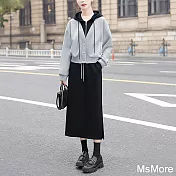 【MsMore】 撞色套裝假兩件長袖連帽上衣外套搭半身長裙兩件式# 123809 M 黑灰色