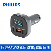 【Philips 飛利浦】黑金剛 PD 100W 快充Type-C+Type-A 3孔數位顯示車用充電器 (DLP3540C)