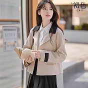 【初色】日系撞色拼接口袋西裝領長袖風衣外套女外套-杏色-38944(M-XL可選) M 杏色