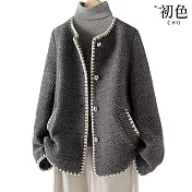 【初色】日系小香風撞色縫線粗花針織毛呢圓領長袖短款大衣外套女外套-深灰色-38977(M-2XL可選) M 深灰色