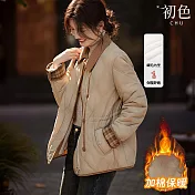 【初色】格紋撞色拼接抽繩拉鏈口袋翻領長袖夾綿綿服外套女外套-共2色-38969(M-3XL可選) M 卡其色