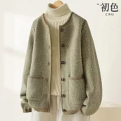 【初色】法式小香風撞色包邊口袋單排釦圓領長袖針織衫外套女外套-芥綠色-38971(F可選) F 芥綠色