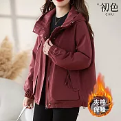 【初色】純色簡約半立領拉鍊連帽長袖寬鬆防風保暖加絨工裝外套女外套-共2色-38990(M-2XL可選) M 紅色