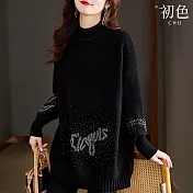 【初色】純色燙鑽加厚寬鬆休閒圓領長袖長款針織毛衣上衣女上衣-黑色-39000(F可選) F 黑色