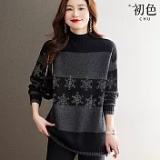 【初色】燙鑽撞色條紋休閒寬鬆加厚長款半高領長袖針織毛衣上衣女上衣-黑色-39002(F可選) F 黑色