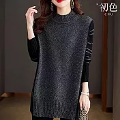 【初色】條紋撞色貼鑽拼接半高領長袖針織衫打底衫上衣女上衣-共2色-39004(F可選) F 灰色