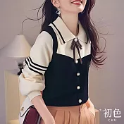 【初色】甜美小香風蝴蝶結珍珠釦撞色翻領長袖針織衫上衣女上衣-黑色-39041(F可選) F 黑色