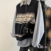 【Jilli~ko】韓版復古緹花圓領無袖針織背心女 J12076  FREE 深藍