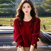 【初色】純色圓領裝飾扣長袖針織毛衣衫上衣女上衣-共3色-39209(F可選) F 紅色