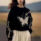 【初色】文藝風蝴蝶印花寬鬆慵懶圓領長袖毛衣針織上衣女上衣-黑色-39221(F可選) F 黑色