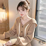 【初色】輕熟風娃娃領翻領長袖毛衣針織T恤上衣女上衣-卡其色-39260(F可選) F 卡其色