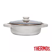 【THERMOS膳魔師】巧易不沾鍋雙耳附蓋壓鑄鴛鴦火鍋28cm 香草白(TFP-P28-CRW)