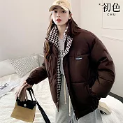 【初色】韓版加厚純色格紋內襯立領長袖科技羽絨棉外套女外套-共3色-39169(M-2XL可選) M 咖啡色