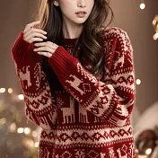 【MsMore】 新年聖誕紅色毛衣加厚慵懶風長袖針織衫短上衣# 124067 FREE 紅色