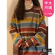 【Jilli~ko】慵懶風休閒寬鬆撞色條紋針織上衣 J12089  FREE 紅色