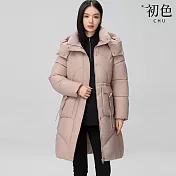 【初色】洋氣中長款純色拉鍊口袋立領長袖插肩袖連帽科技羽絨棉服外套女外套-共5色-39158(M-3XL可選) M 卡其色