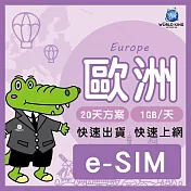 下載版_線上兌換 e-SIM【WorldKing】歐洲多地區網卡20天高速流量(每天1GB，超過降速不斷網)