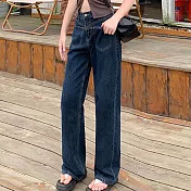 【MsMore】 闊腿口袋黃金線牛仔褲高腰顯瘦小個子窄版寬鬆直筒長褲# 124194 XL 藍色