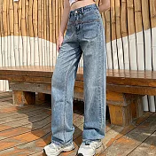 【MsMore】 闊腿口袋黃金線牛仔褲高腰顯瘦小個子窄版寬鬆直筒長褲# 124194 XL 牛仔藍色