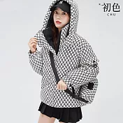 【初色】印花加厚保暖連帽立領長袖保暖科技羽絨棉外套女外套-共4色-39181(L-2XL可選) L 白色