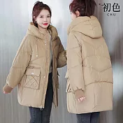 【初色】純色中長款拼接拉鍊口袋長袖插肩袖連帽厚棉衣外套女外套-共4色-39182(M-3XL可選) M 卡其色